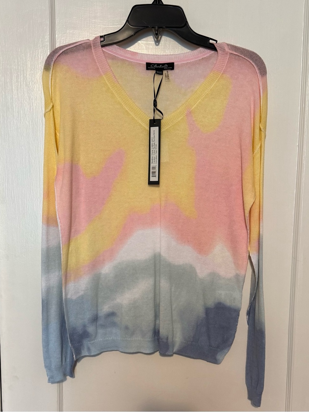CHARLIE B light cotton  Tie-Dye V-Neck Sweater, XS blue, yellow, pink NWT